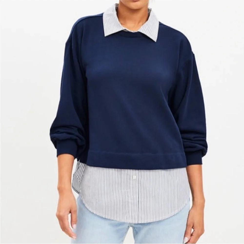 LOFT Stripe Poplin Layered Mixed Media Sweater - Picture 2 of 5